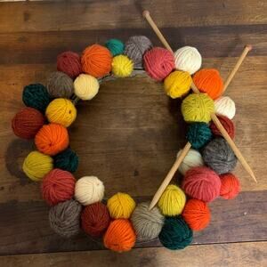 Handmade Knitting Themed Yarn Wreath Home / Door Décor BOHO Chic Cottagecore